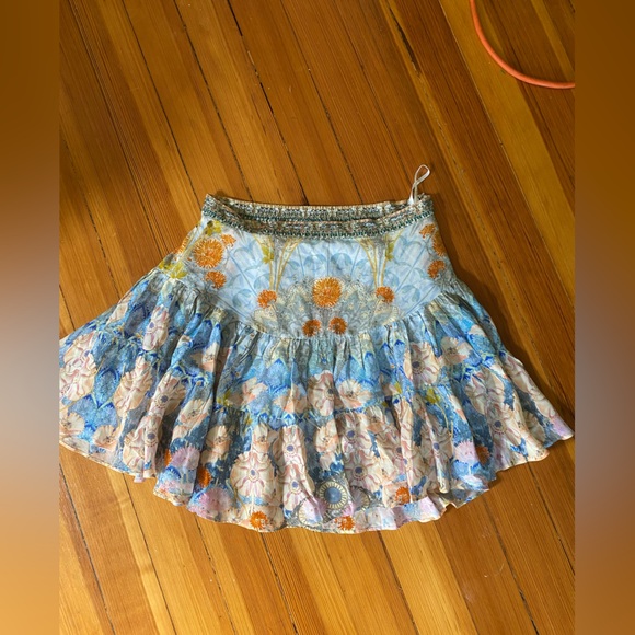 Camilla Dresses & Skirts - Camilla Floral Tiered Ruffle Mini Skirt in Blue and Cream silk embroidered